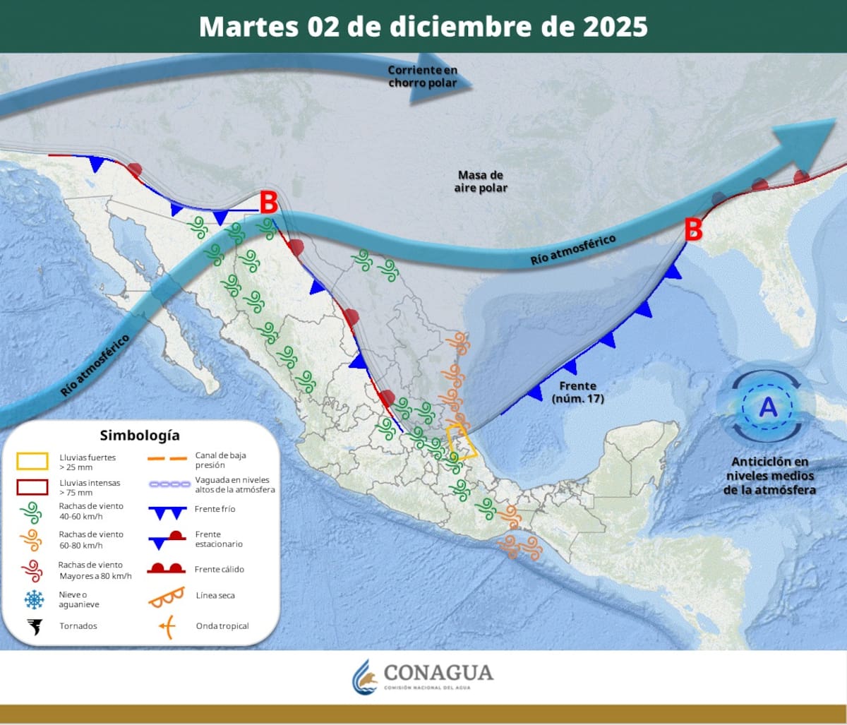 Pronóstico del clima para el martes 2 de diciembre del 2025. | Crédito: SMN