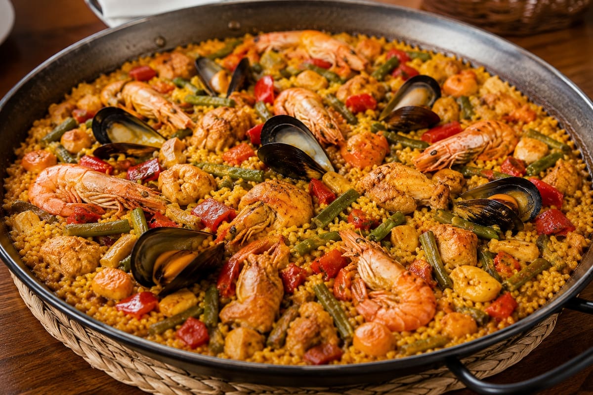Paella valenciana servida en su tradicional paellera, con mariscos, pollo, verduras y arroz sazonado con azafrán. | Imagen hecha con IA de ChatGPT