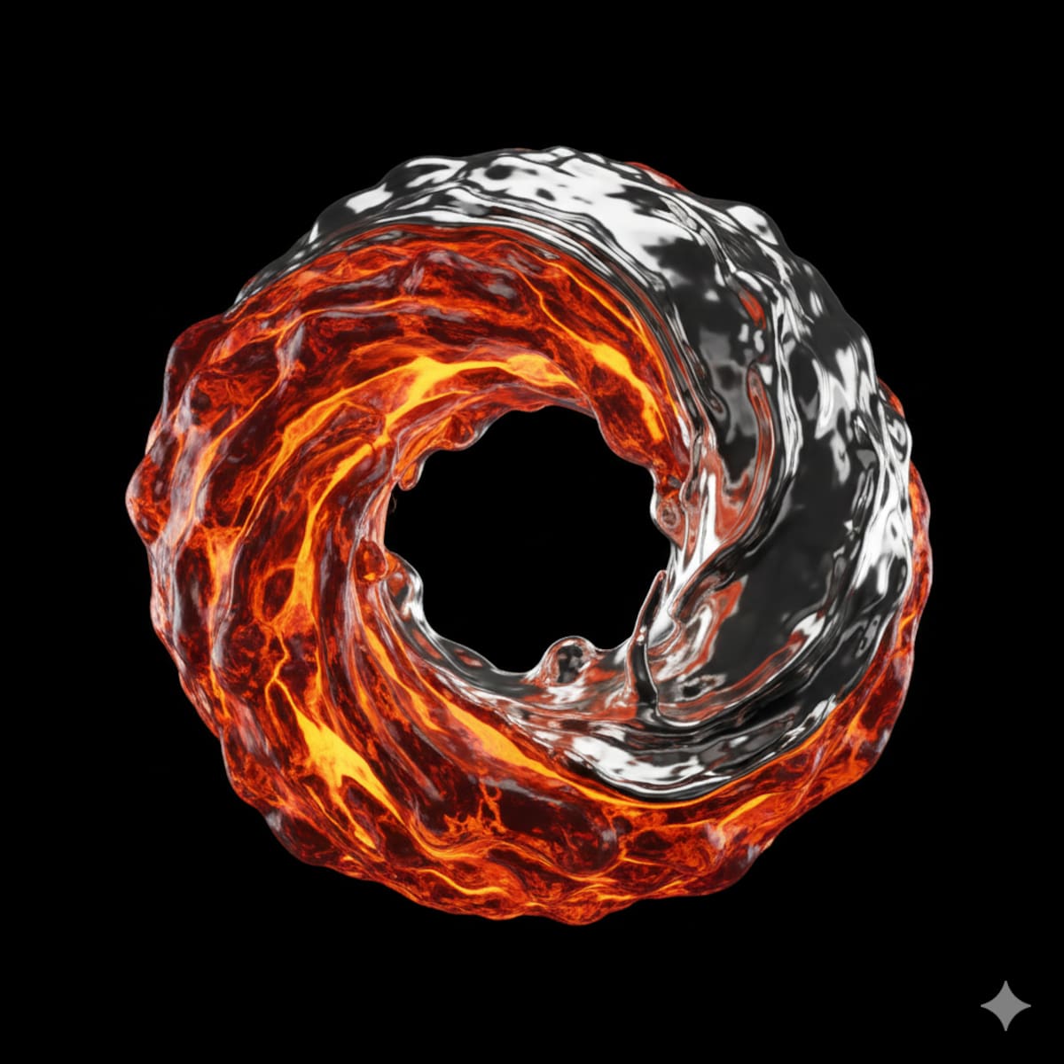 Representación abstracta de la fusión entre la pasión (lava) y el juicio (metal), simbolizando la integración virtuosa de la ira según Aristóteles. (Gemini)