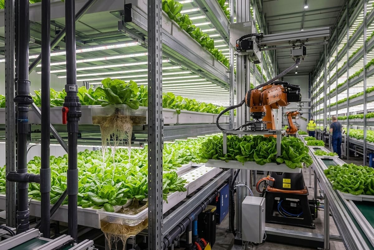 Las lechugas crecen en estructuras de varios niveles con agua, nutrientes e iluminación controlada, un sistema que busca prolongar su conservación y reducir el desperdicio de alimentos. Foto: Gemini