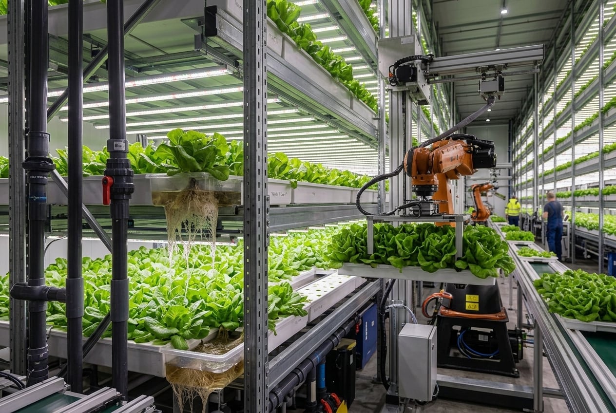 Las lechugas crecen en estructuras de varios niveles con agua, nutrientes e iluminación controlada, un sistema que busca prolongar su conservación y reducir el desperdicio de alimentos. Foto: Gemini