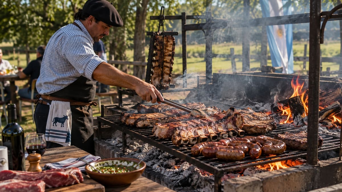 El asado argentino se prepara lentamente sobre las brasas, donde el control del fuego y la cocción de distintos cortes forman parte de la tradición. | Crédito: Imagen hecha por IA de ChatGPT