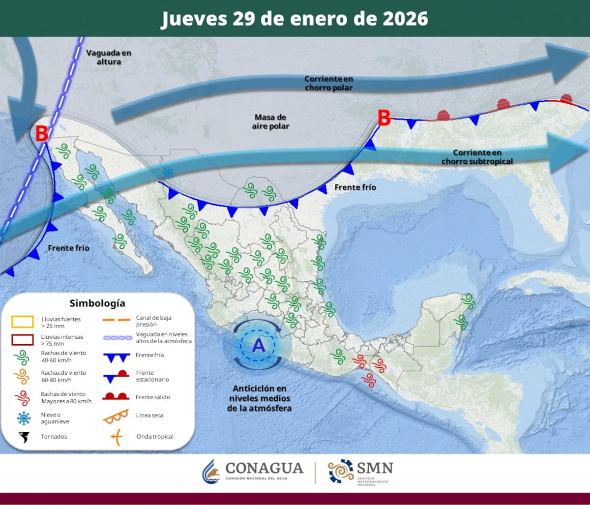 Pronóstico del clima para el jueves 29 de enero del 2026. | Crédito: SMN
