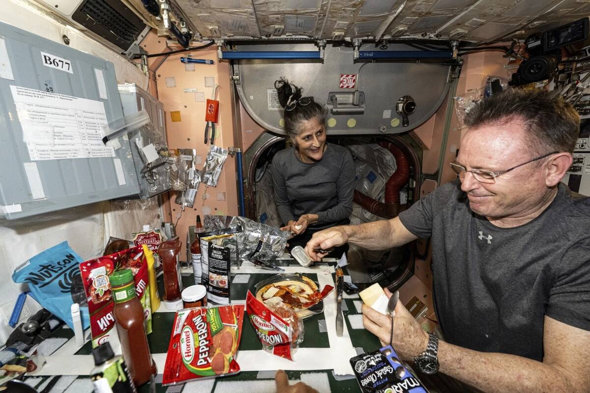 En esta foto publicada por la NASA, los astronautas Suni Williams y Butch Wilmore, ambos ingenieros de vuelo de la Expedición 71, preparan pizza en la cocina de la Estación Espacial Internacional, ubicada en el módulo Unity, el 9 de septiembre de 2024. Los objetos están sujetos a la cocina con cinta y velcro para evitar que salgan volando debido a la microgravedad. Foto: NASA y AP