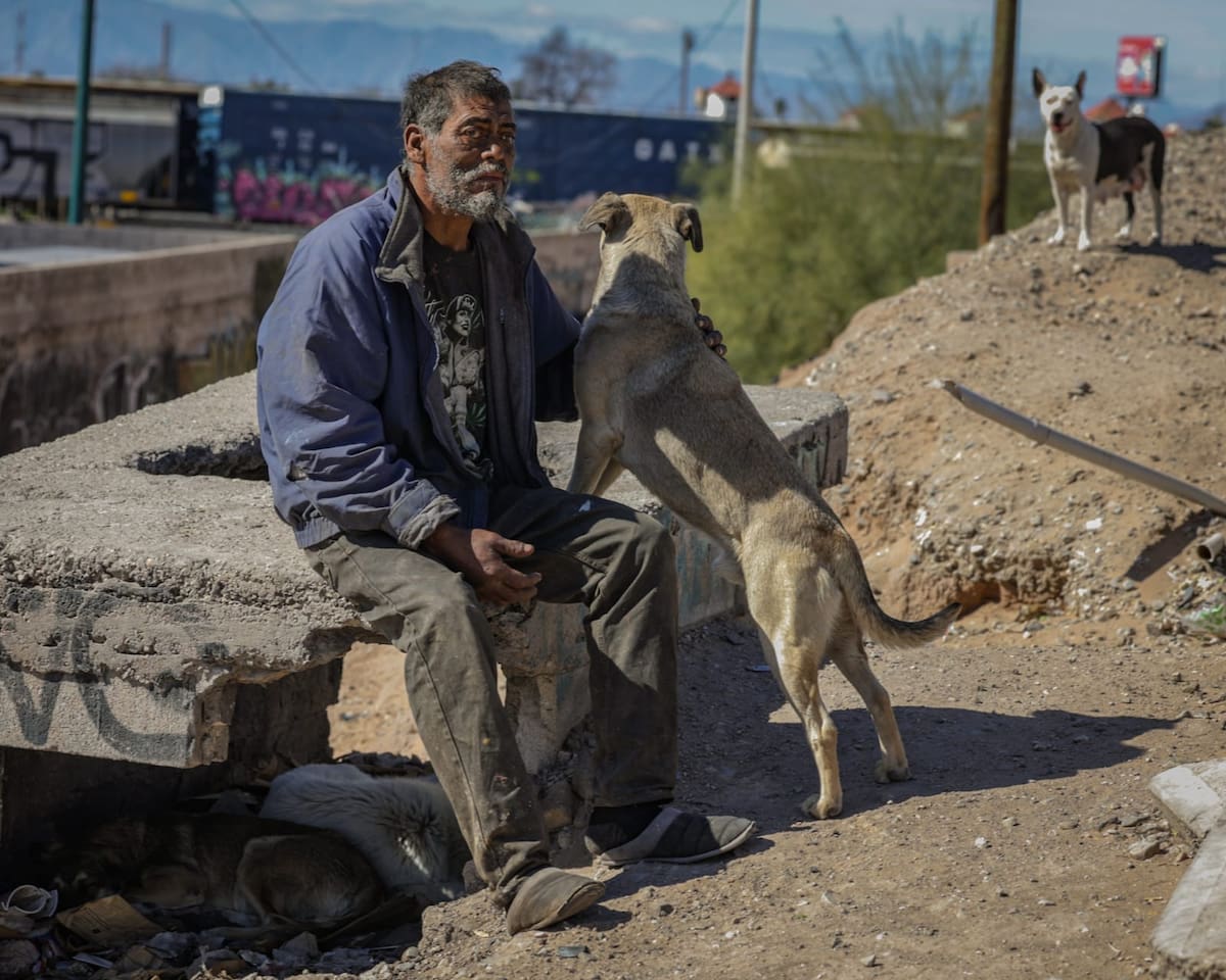 Un hombre en situación de calle acaricia al perro de uno de sus compañeros, encontrado muerto junto a la barda perimetral de los patios del ferrocarril, en Mexicali. (Foto: Javier Gallegos)