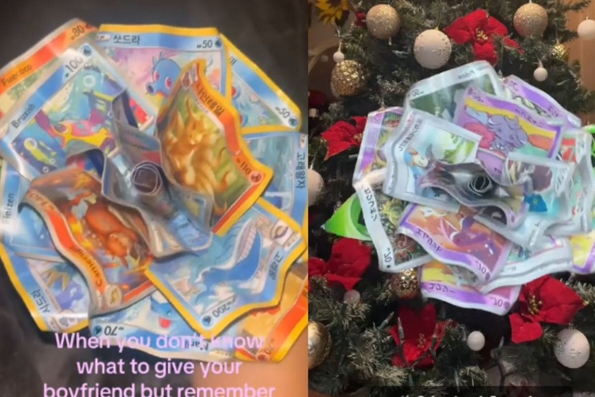 Mujer hace un ramo de rosas con cartas de Pokémon para darle a su novio