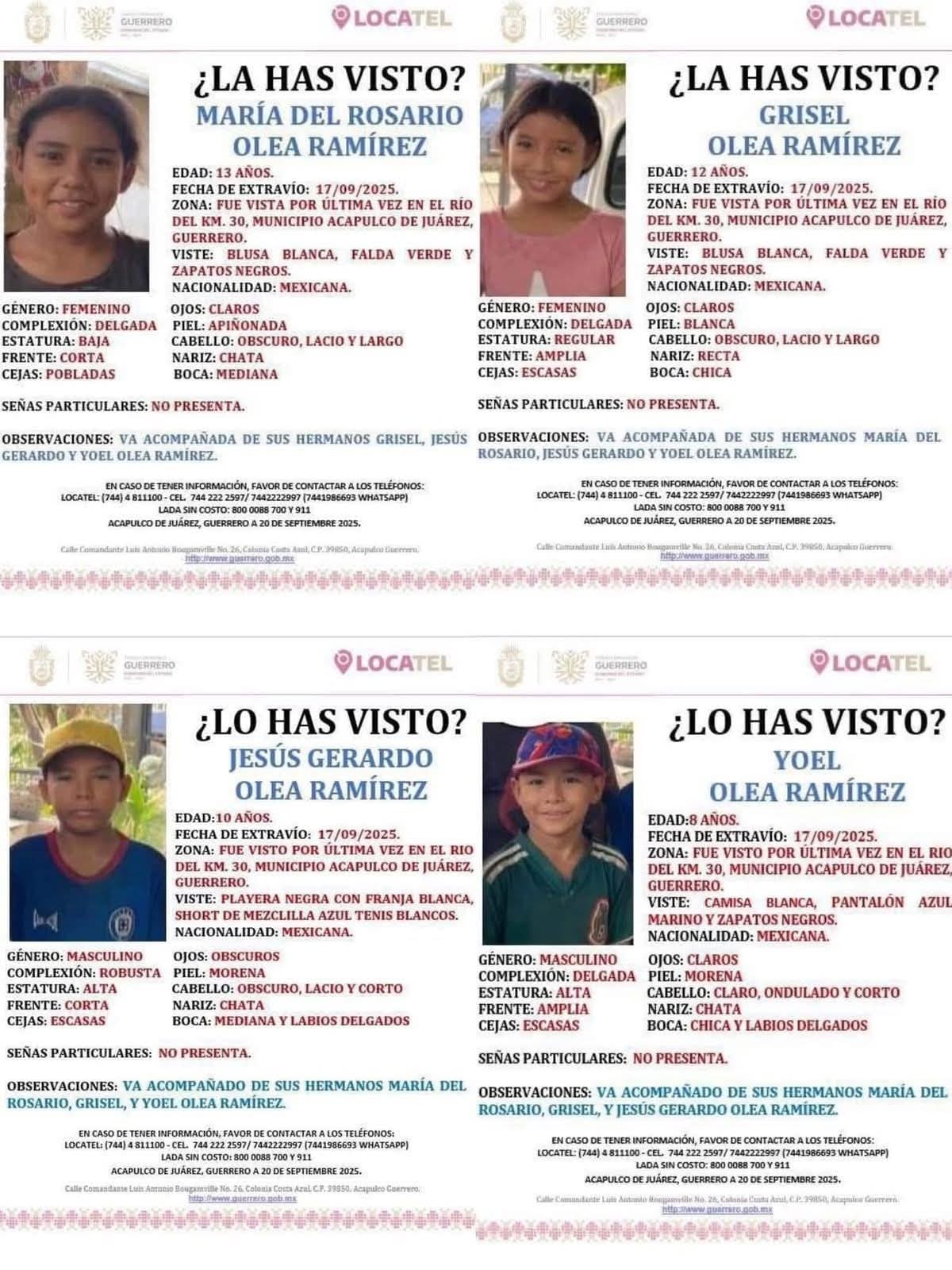Fichas de búsqueda de los 4 hermanitos desaparecidos en Acapulco. Foto: Especial (Facebook)
