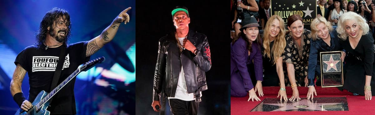 En esta combinación de fotos, de izquierda a derecha, Dave Grohl de la banda Foo Fighters, Jay-Z y The Go-Go's. Foo Fighters, Jay-Z y The Go-Go's forman parte del Salón de la Fama del Rock and Roll junto con Tina Turner, Carole King y Todd Rundgren. (AP Foto)