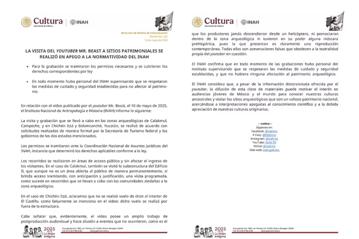 Comunicado del INAH sobre el video polémico de MrBeast | Foto: INAH