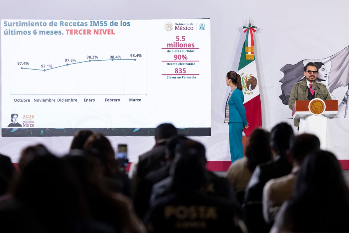 Cuauhtémoc, Ciudad de México. 31 de marzo 2026. La presidenta constitucional de los Estados Unidos Mexicanos, la Doctora Claudia Sheinbaum Pardo en conferencia de prensa matutina en el salón de la Tesorería de Palacio Nacional. La acompañan: David Kershenobich, secretario de salud; Edurado Clark, subsecretario de Integración y desarrollo del sector salud; Zoé Alejandro Robledo Aburto, director general del Instituto Mexicano del Seguro Social (IMSS); Martí Batres Guadarrama, director general del Instituto de Seguridad y Servicios Sociales de los Trabajadores del Estado (ISSSTE); Alejandro Svarch Pérez, director general de IMSS-Bienestar. Foto: Gabriel Monroy/Presidencia