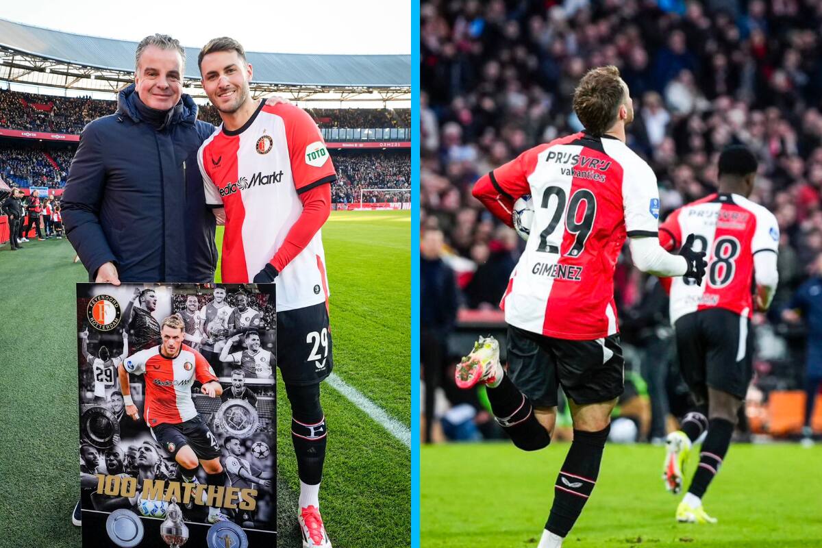 Santi Giménez es homenajeado por su partido 100 con el Feyenoord y anota gol en la derrota del equipo