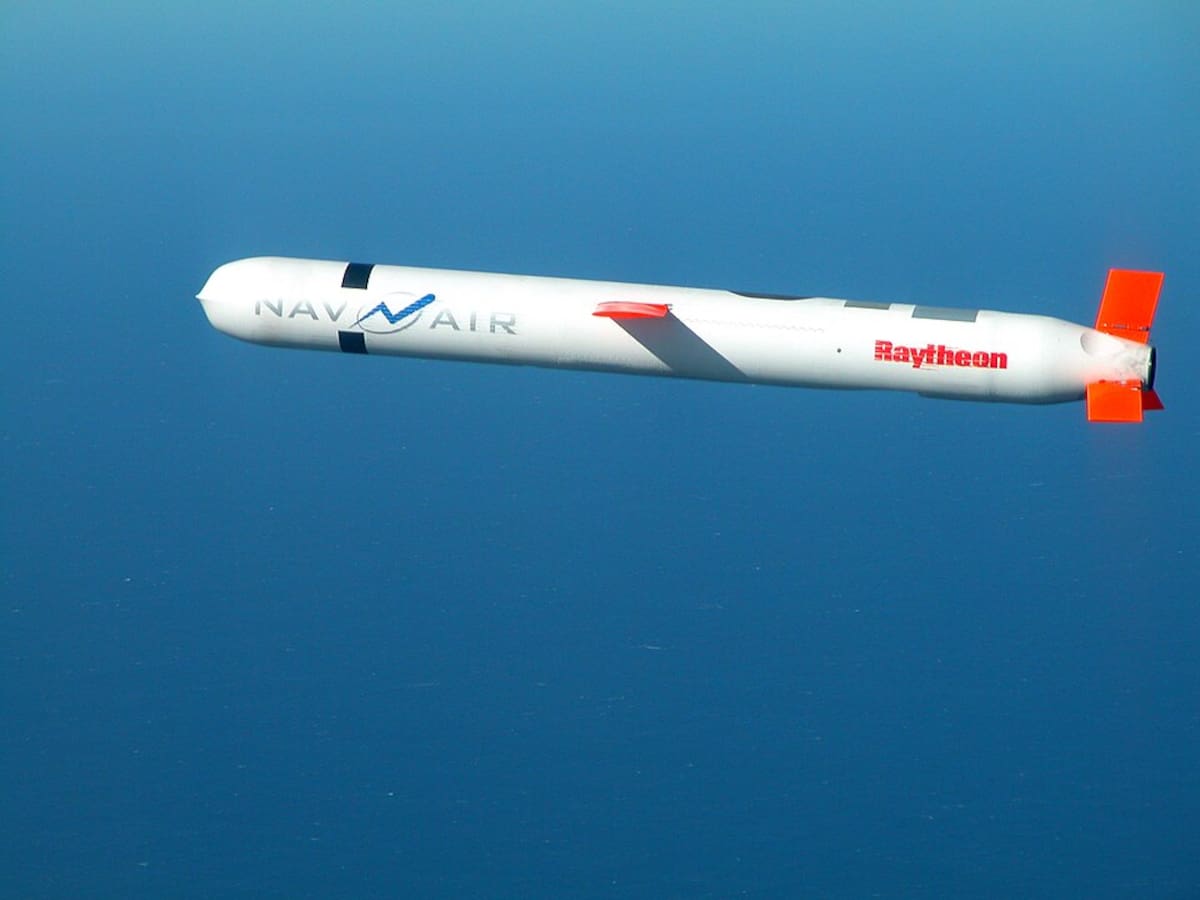 021110-N-0000X-003
China Lake, Calif. (Nov. 10, 2002) -- A Tactical "Tomahawk" Block IV cruise missile, conducts a controlled flight test over the Naval Air Systems Command (NAVAIR) western test range complex in southern California. During the second such test flight, the missile successfully completed a vertical underwater launch, flew a fully guided 780-mile course, and impacted a designated target structure as planned. The Tactical Tomahawk, the next generation of Tomahawk cruise missile, adds the capability to reprogram the missile while in-flight to strike any of 15 preprogrammed alternate targets, or redirect the missile to any Global Positioning System (GPS) target coordinates. It also will be able to loiter over a target area for some hours, and with its on-board TV camera, will allow the war fighting commanders to assess battle damage of the target, and, if necessary redirect the missile to any other target. Launched from the Navy's forward-deployed ships and submarines, Tactical Tomahawk will provide a greater flexibility to the on-scene commander. Tactical Tomahawk is scheduled to join the fleet in 2004. U.S. Navy photo. (RELEASED)