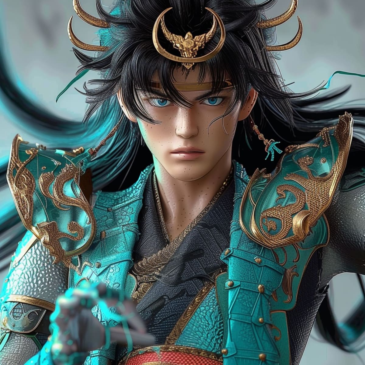 Shiryū, el caballero de bronce del Dragón, cobra vida con cabello largo y negro, reflejando su determinación y lealtad, según la visión de la IA.