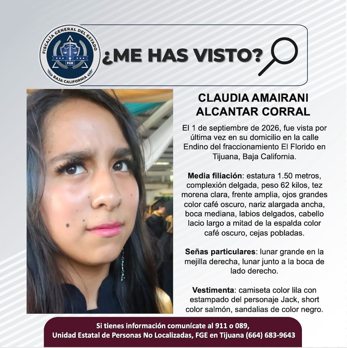 Claudia Amairani Alcantar Corral fue vista por última vez el 1 de septiembre de 2026 en el fraccionamiento El Florido, en Tijuana. Foto: Cortesía