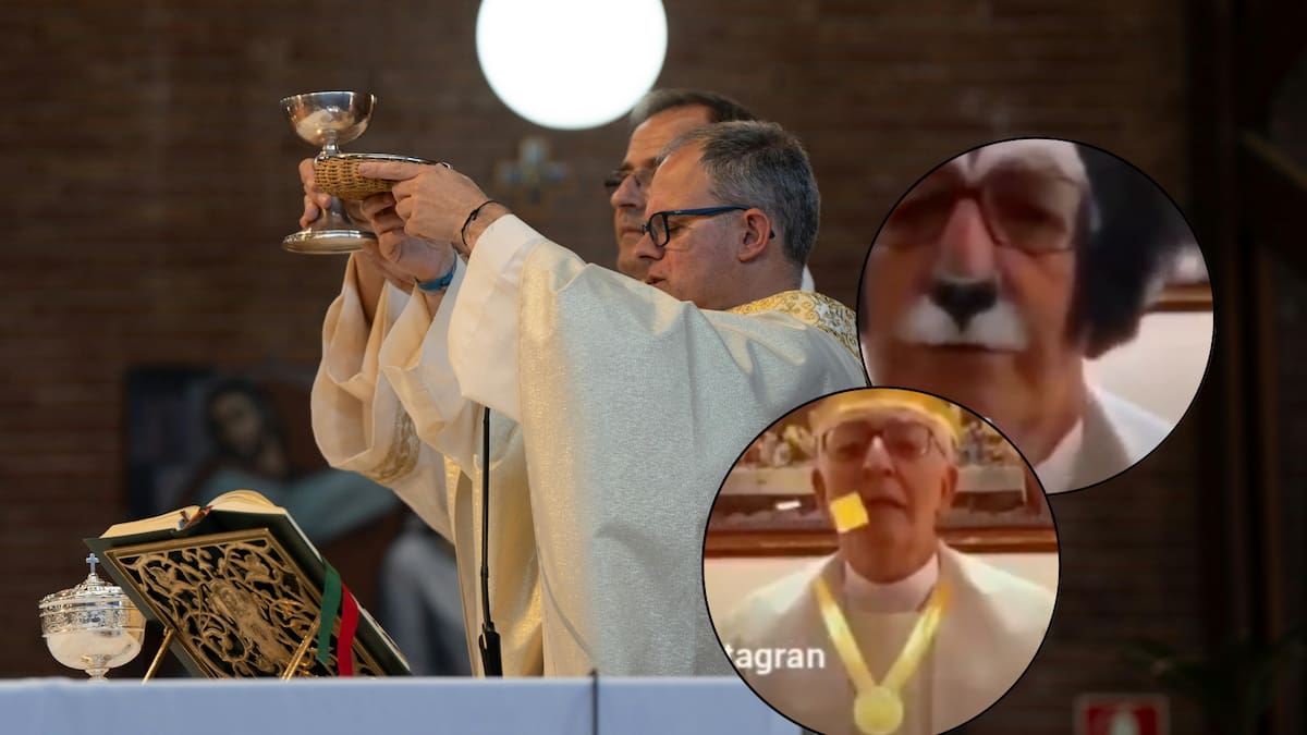 Sacerdote se vuelve viral durante misa en vivo tras aparecer con filtros de bigote, corona y gato | VIDEO