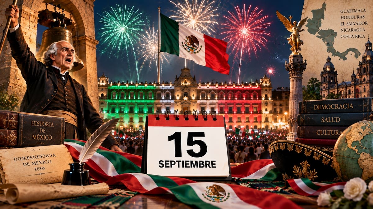 Imagen ilustrativa sobre las efemérides del 15 de septiembre, con la ceremonia del Grito de Independencia de México como eje central y referencias al inicio de la Independencia. | Crédito: Imagen hecha con IA de ChatGPT