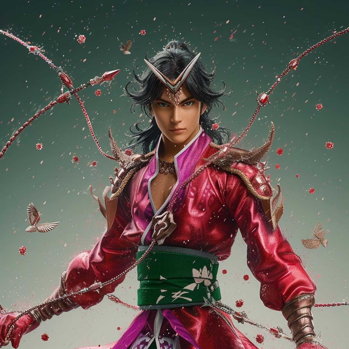 La armadura morada resalta la elegancia y poder de Shun, el Santo de Andrómeda, según la visión única de la inteligencia artificial de Midjourney.