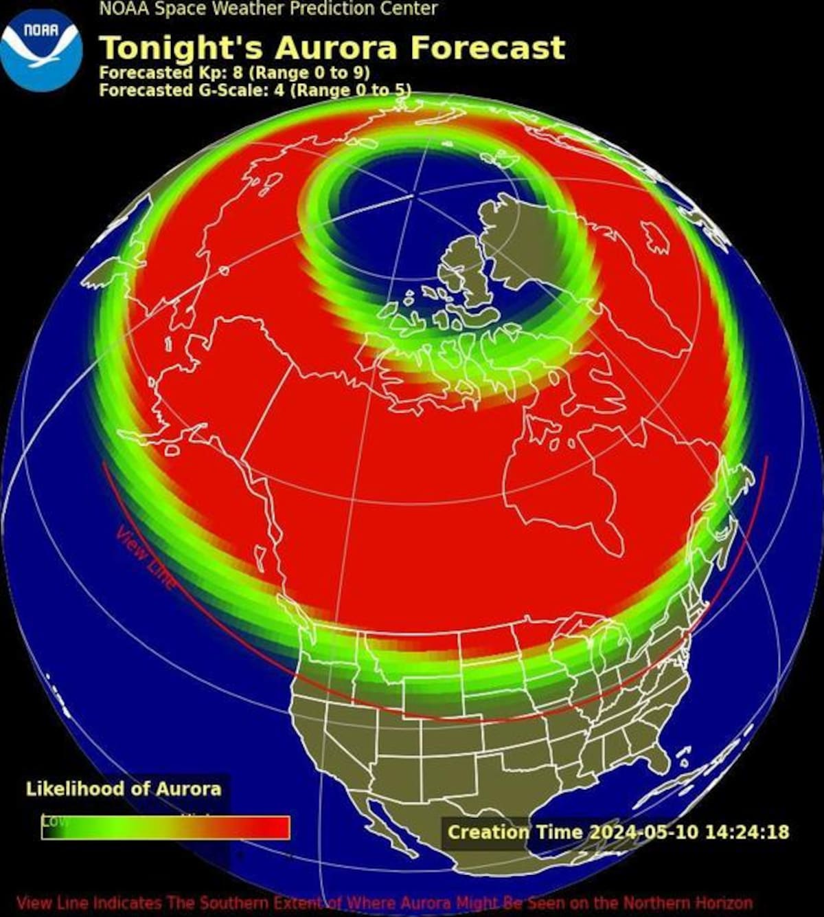Mapa del Centro de Predicción de Clima Espacial, que muestra el área de Estados Unidos y Canadá donde las auroras serán visibles el viernes por la noche.