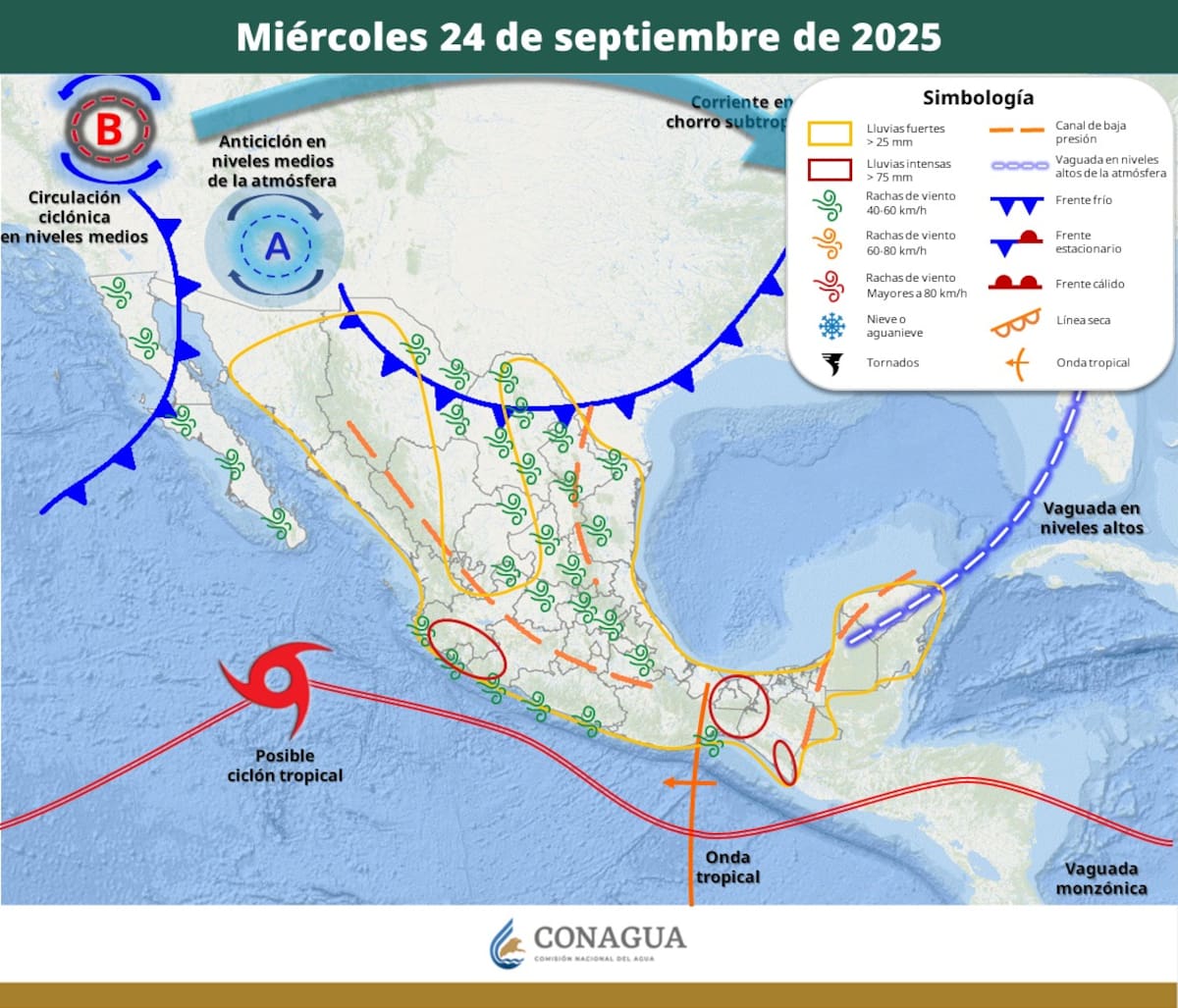 Se esperan lluvias muy fuertes con puntuales intensas, acompañadas de descargas eléctricas y rachas de viento.