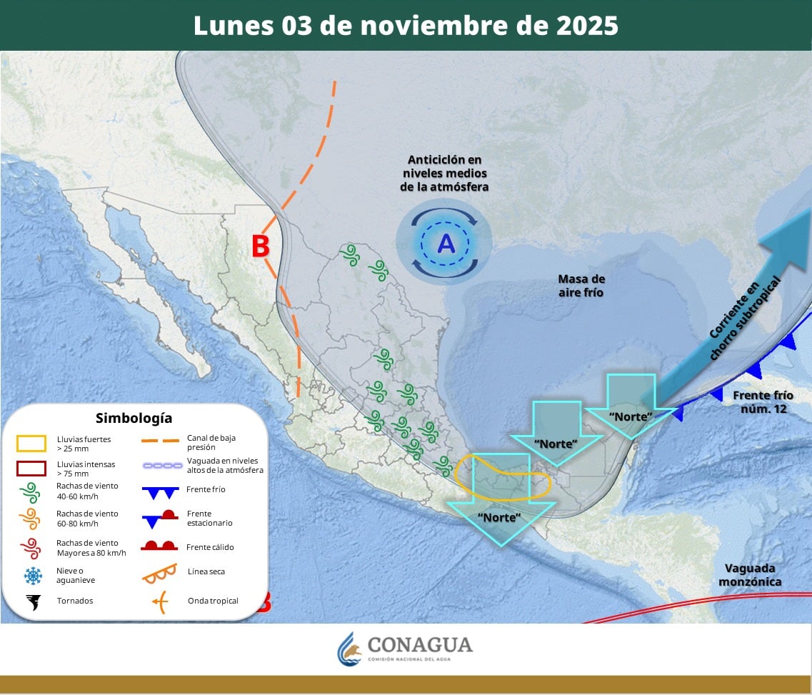 Pronóstico del clima para el lunes 3 de noviembre del 2025. Crédito: SMN