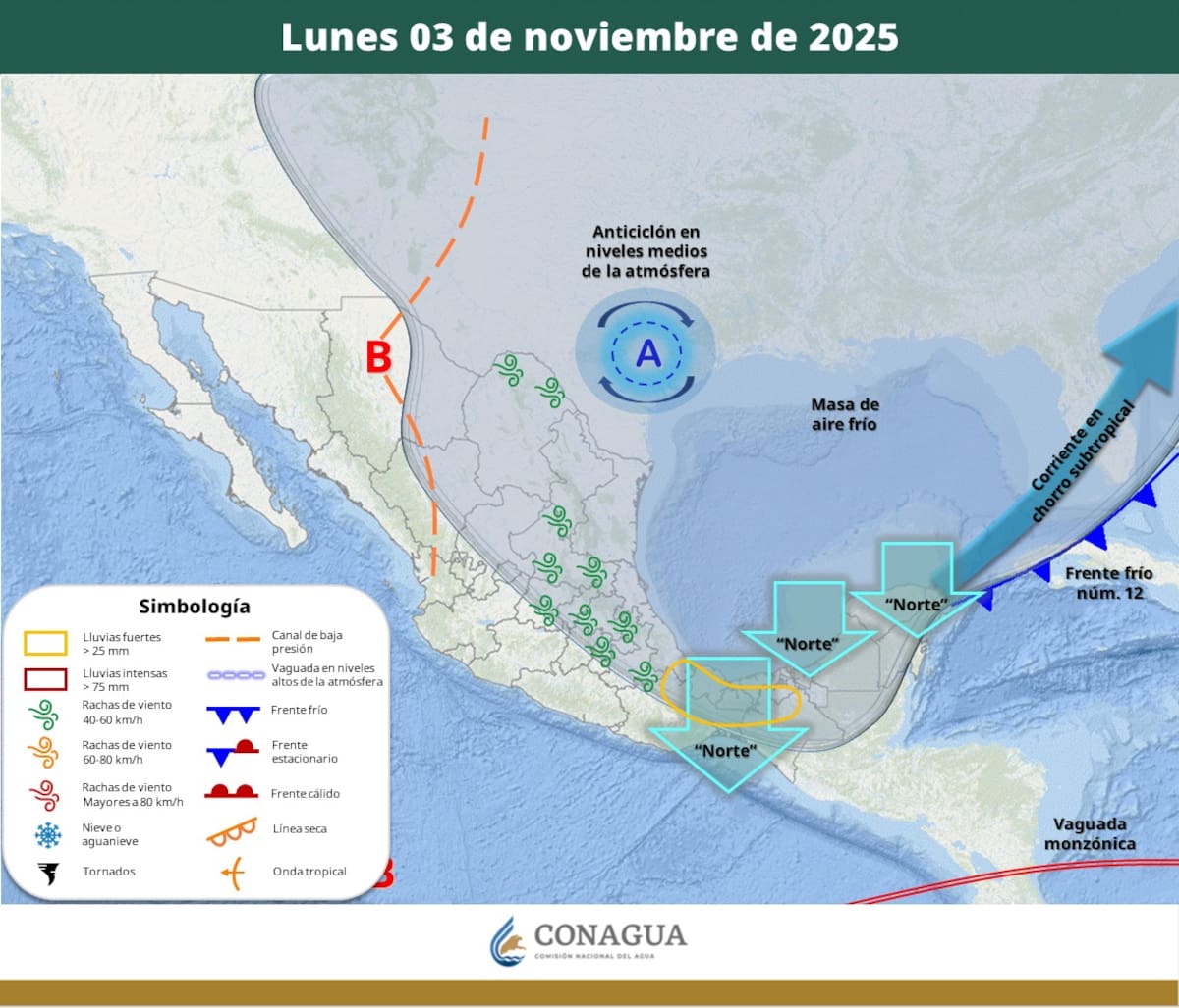Pronóstico del clima para el lunes 3 de noviembre del 2025. Crédito: SMN