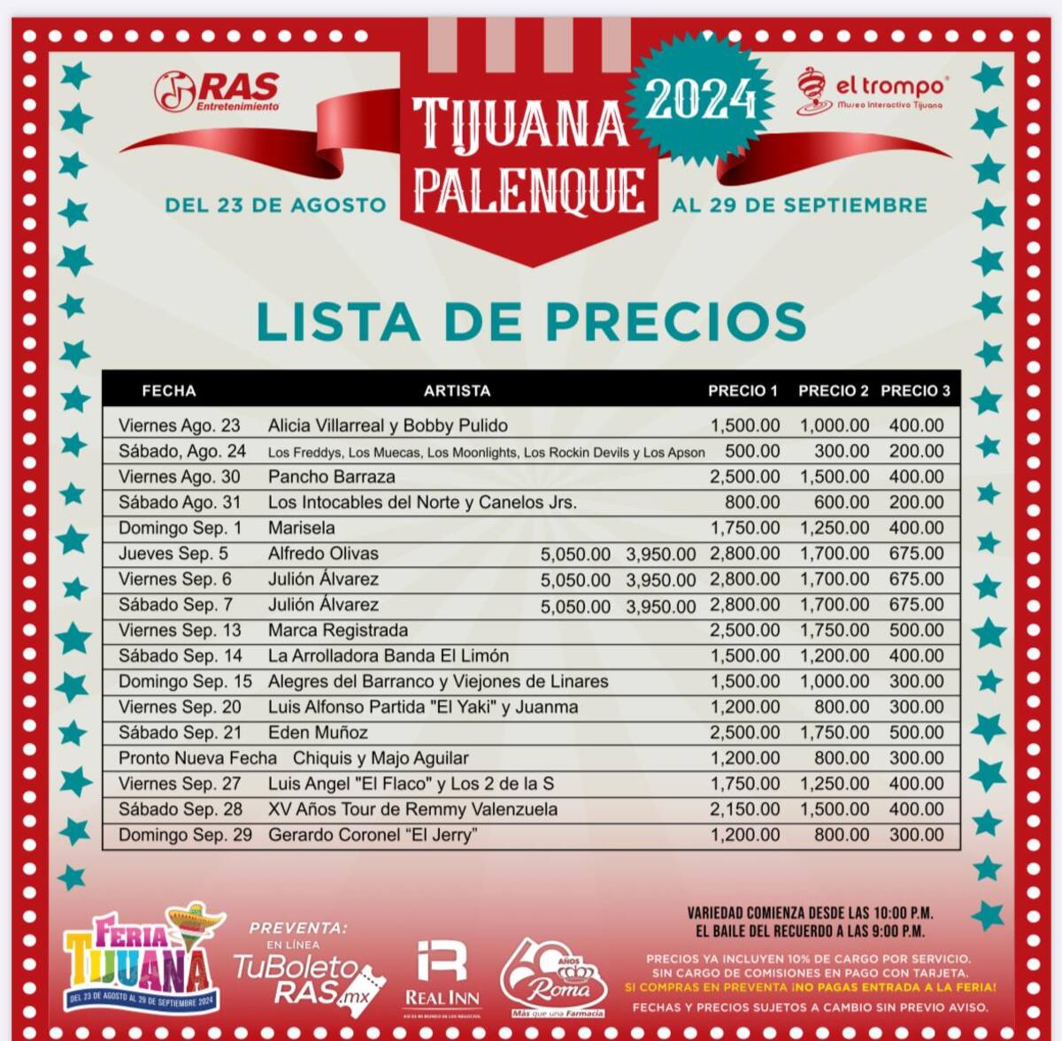 Cartelera del palenque de la Feria Tijuana 2024.