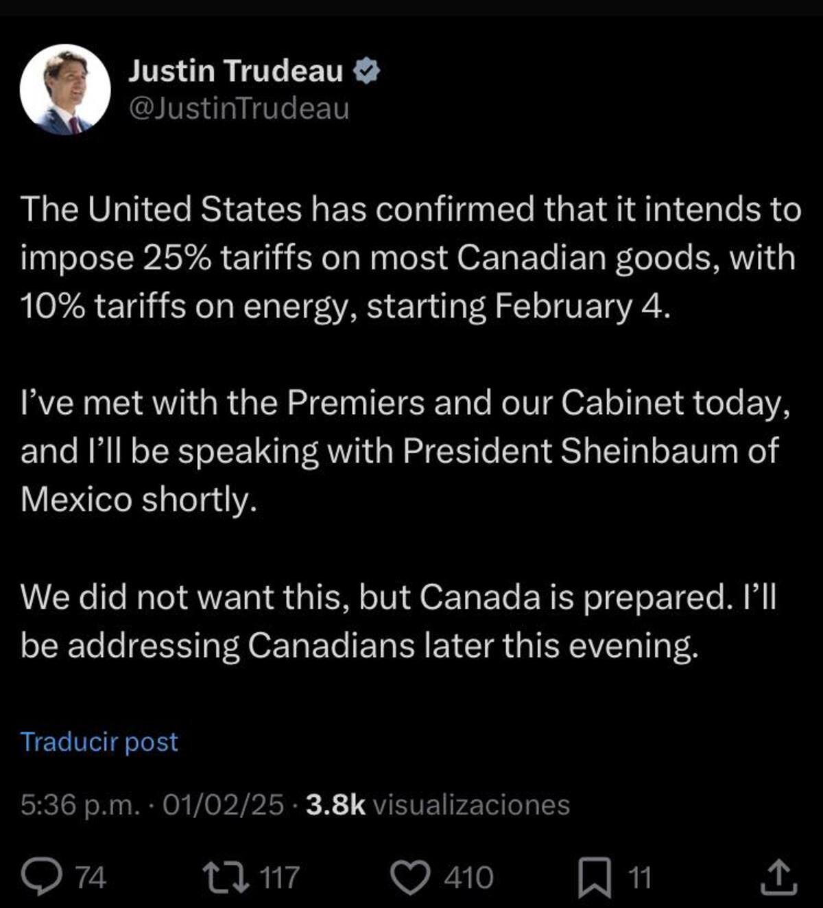 Justin Trudeau responden a los nuevos aranceles de Estados Unidos | Captura de pantalla
