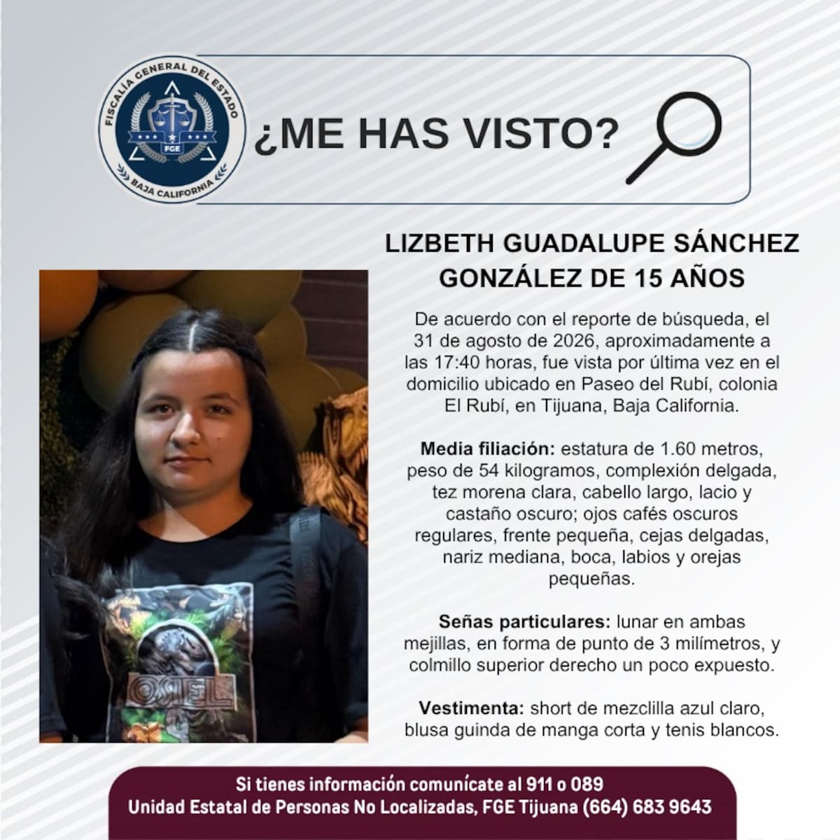 Lizbeth Guadalupe Sánchez González fue vista por última vez el 31 de agosto de 2026 en la colonia El Rubí, en Tijuana. Foto: Cortesía
