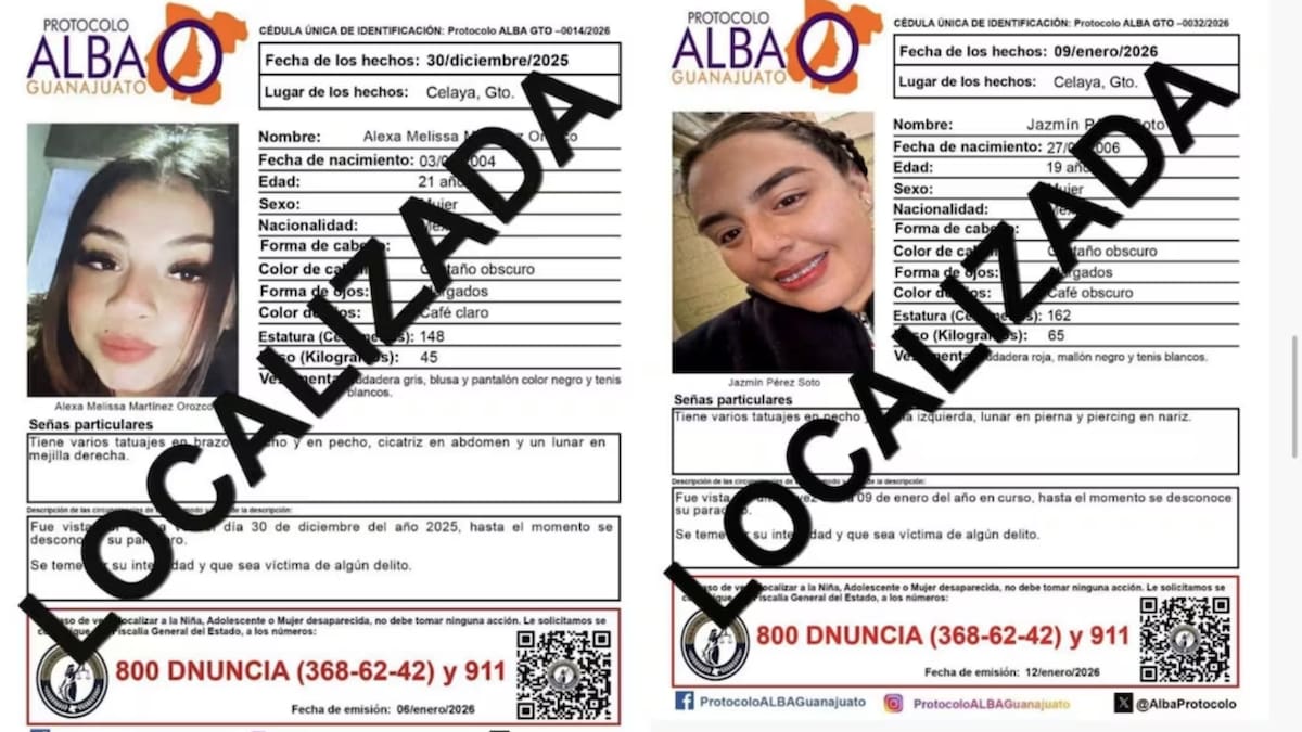 Fiscalía General del Estado localizó sin vida a cinco mujeres reportadas como desaparecidas en Celaya, Guanajuato, en pozos agrícolas de Franco Tavera y La Tinaja, con edades de 19 a 30 años, según las fichas de Alerta Amber y Protocolo Alba