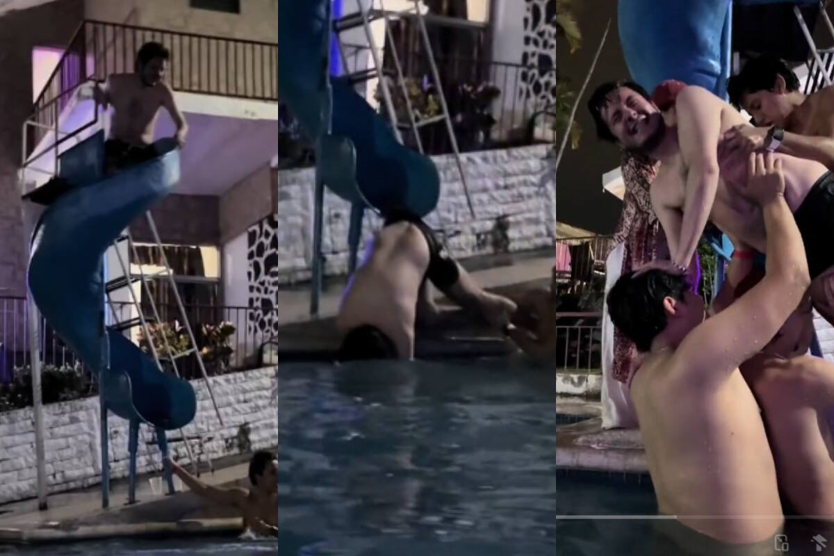 Se lanza por un tobogán y su traje de baño se queda atascado: sus amigos intentan rescatarlo (VIDEO)