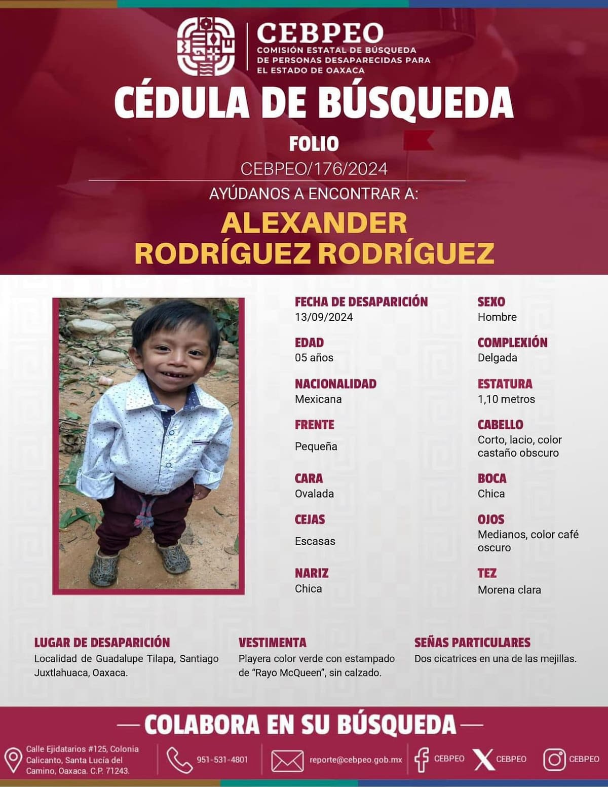 Ficha de búsqueda de Alexander, de 5 años, en Oaxaca. Foto: Alerta Amber