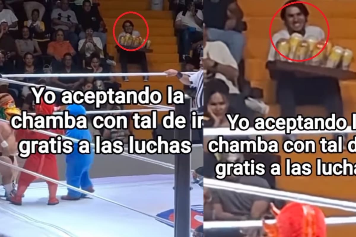 “El más feliz de la arena”: Joven vendedor de papas se vuelve viral por disfrutar las luchas mientras trabaja