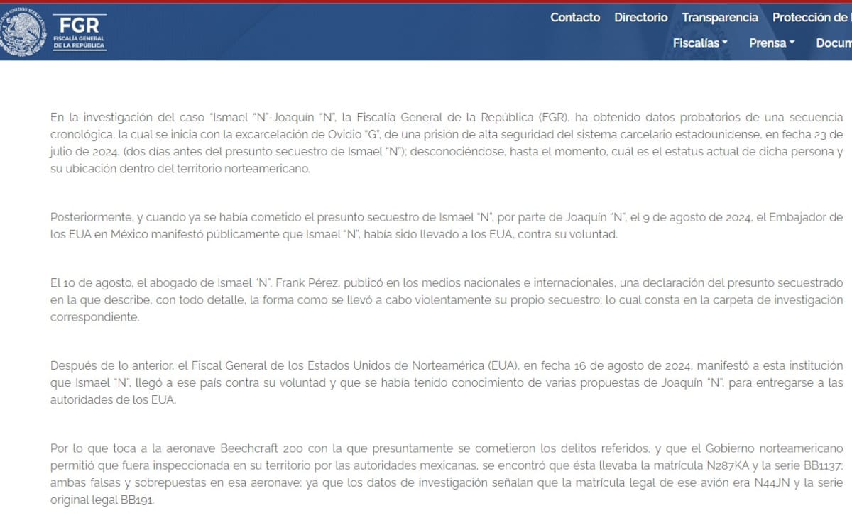 La FGR emitió un comunicado donde investiga el posible secuestro de 'El Mayo' Zambada por Joaquín Guzmán López y la excarcelación de Ovidio Guzmán, estos dos últimos hijos de 'El Chapo'.