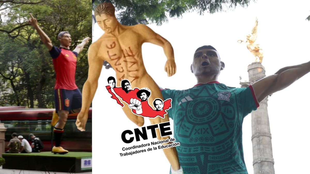 Con el uso de cuerdas, empujones y herramientas contundentes, los manifestantes tiraron al suelo varias de las monumentales esculturas alusivas al Mundial 2026, hechas de cartonería tradicional. | Especial GH