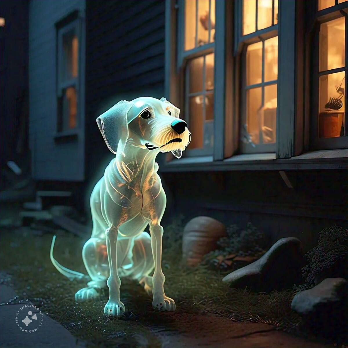 Imagen ilustrativa de el fantasma de un perrito vigilando a sus humanos. / Imagen generada con IA (Meta AI).