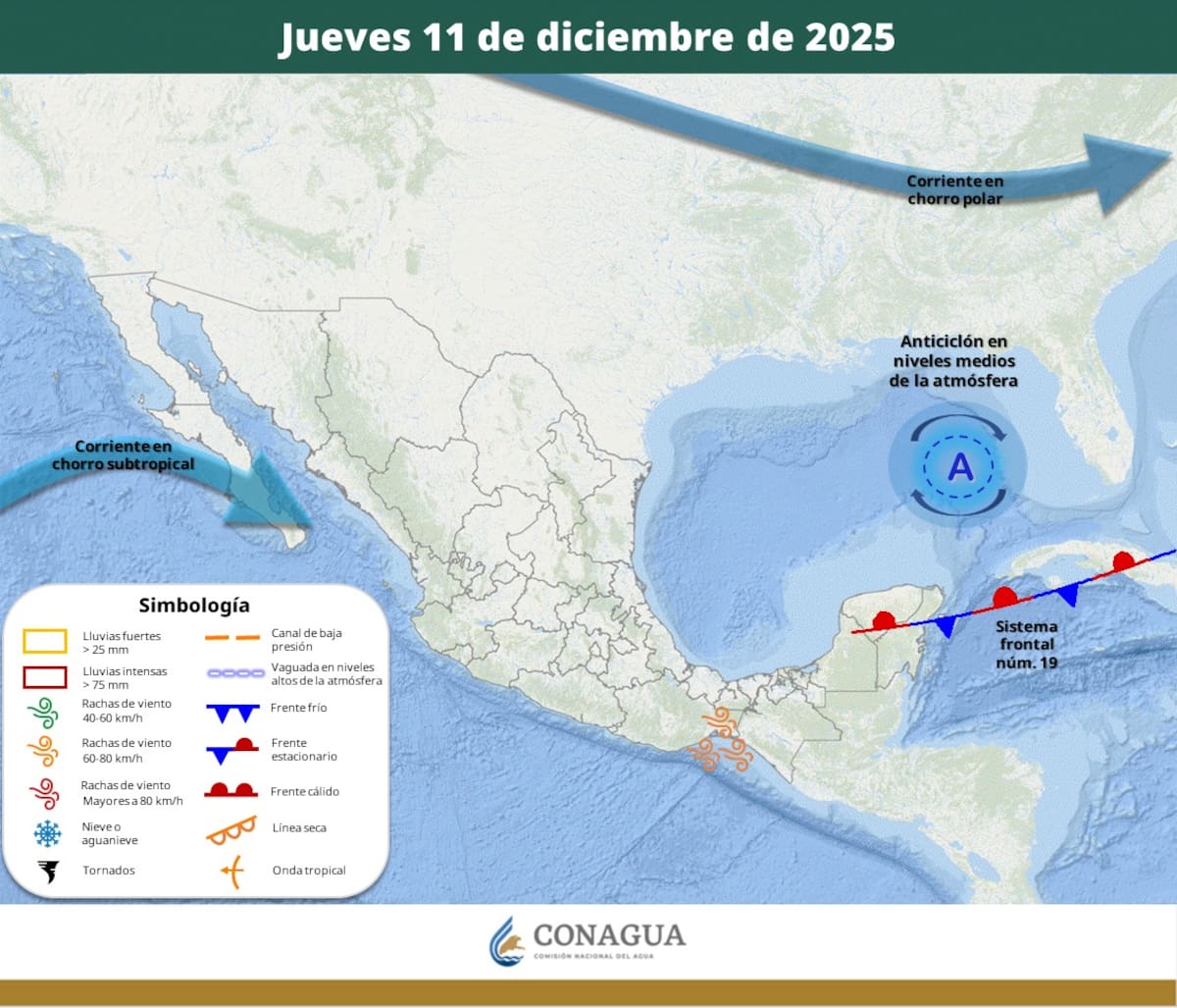 Pronóstico del clima para este jueves 11 de diciembre del 2025. | Crédito: SMN