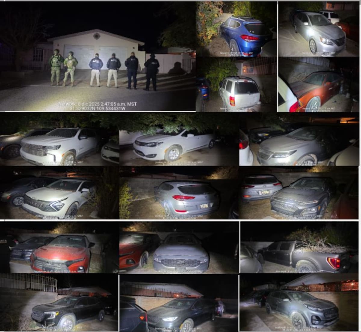 Autoridades aseguraron vehículos con reporte de robo y unidades blindadas durante el cateo realizado en un domicilio de Agua Prieta.