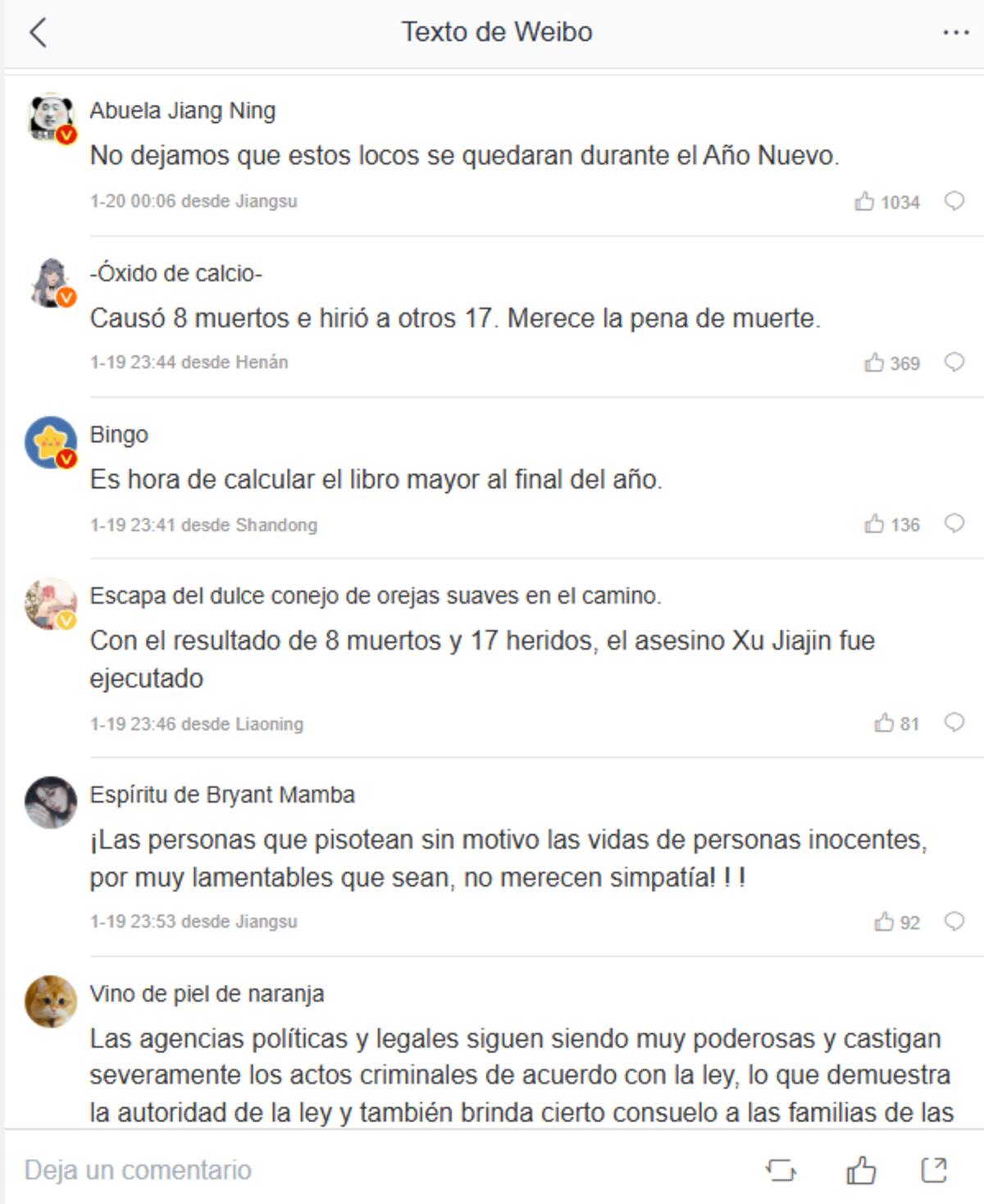 Traducción al español de las reacciones de las personas en WEIBO después de enterarse de la ejecución de Xu Jiajin.