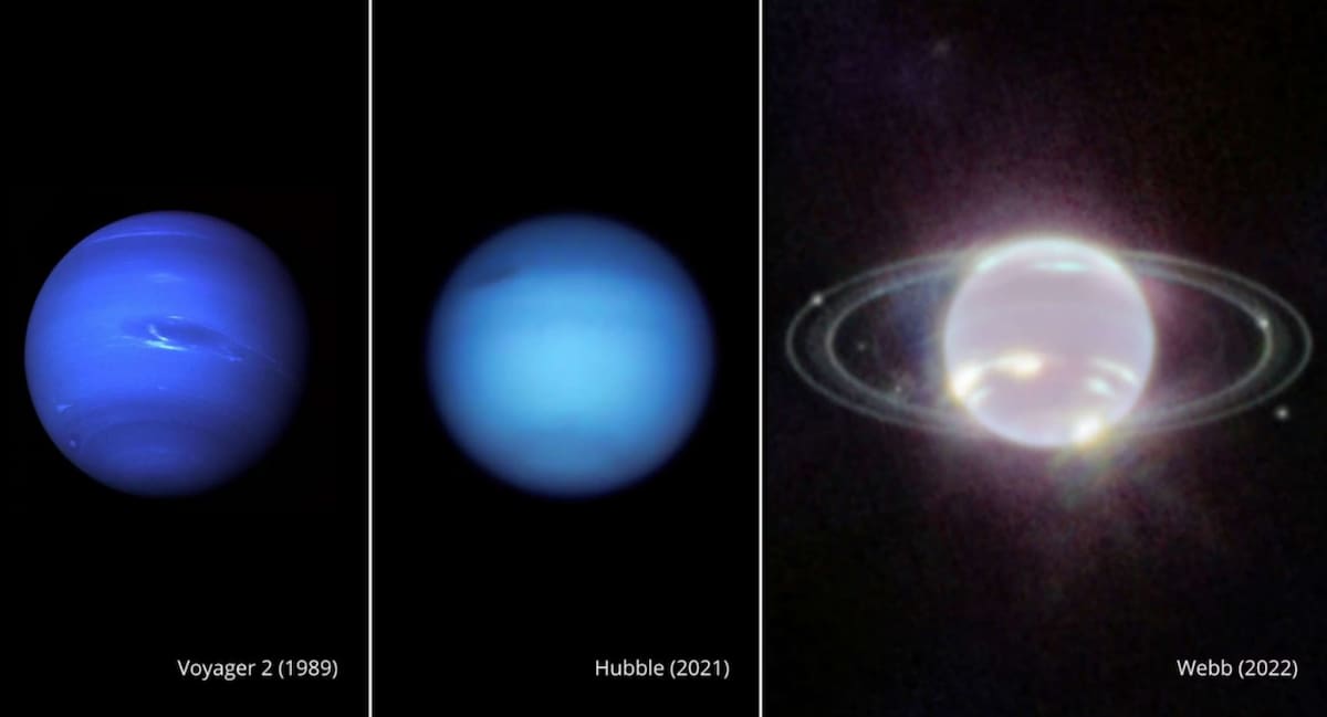 Las diferentes visualizaciones de Neptuno a través del tiempo y diferentes instrumentos y misiones. Foto: NASA/JPL-Caltech.