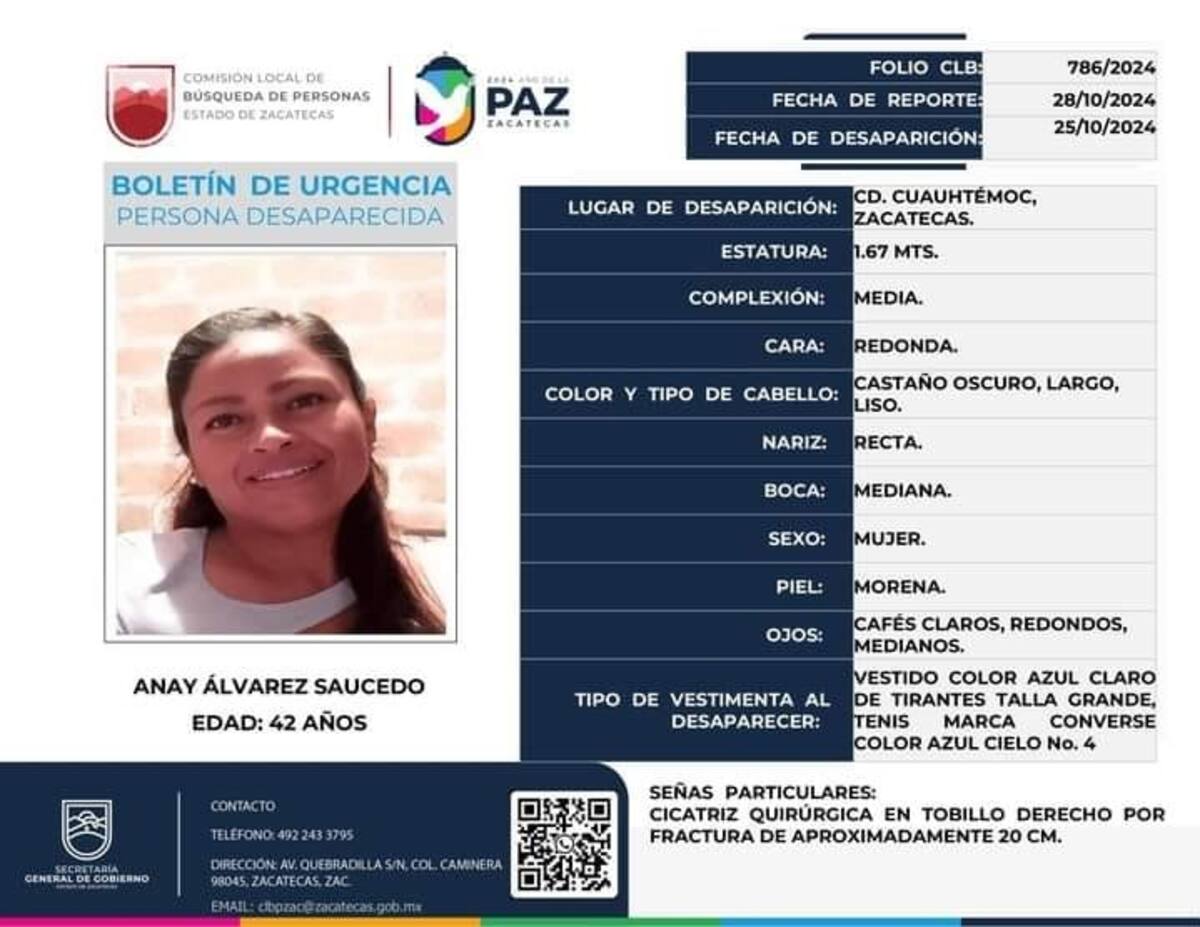 Madre de familia desaparece en Zacatecas. Ficha de búsqueda.