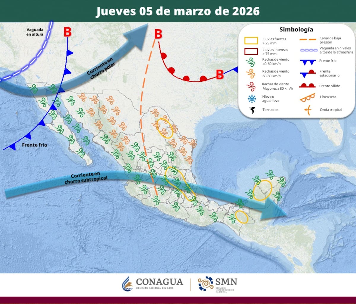 Pronóstico del clima para el jueves 5 de marzo del 2026. | Crédito: SMN