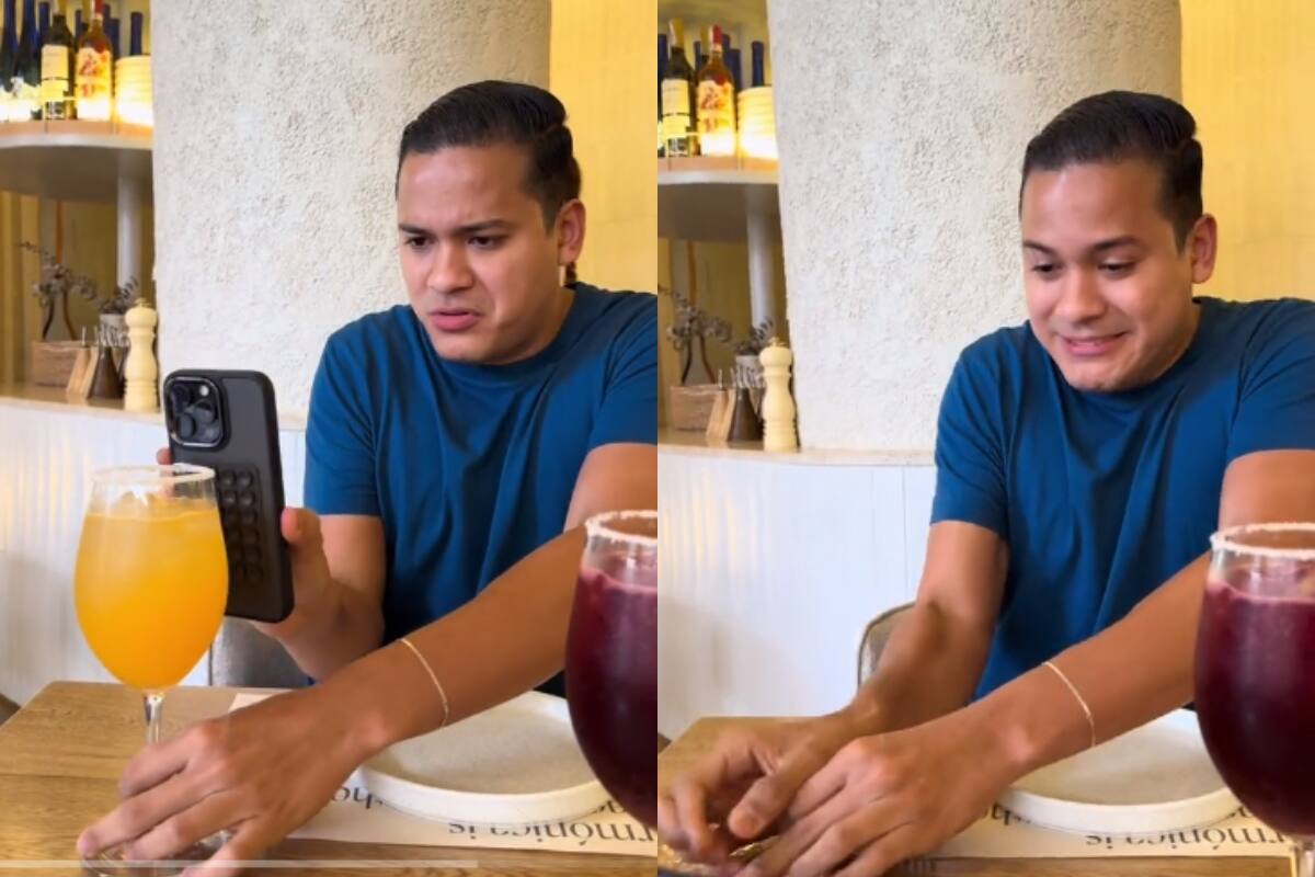 Intentó pegar su iPhone a su bebida para tomarse una selfie, ¡pero terminó rompiendo la copa! | VIDEO