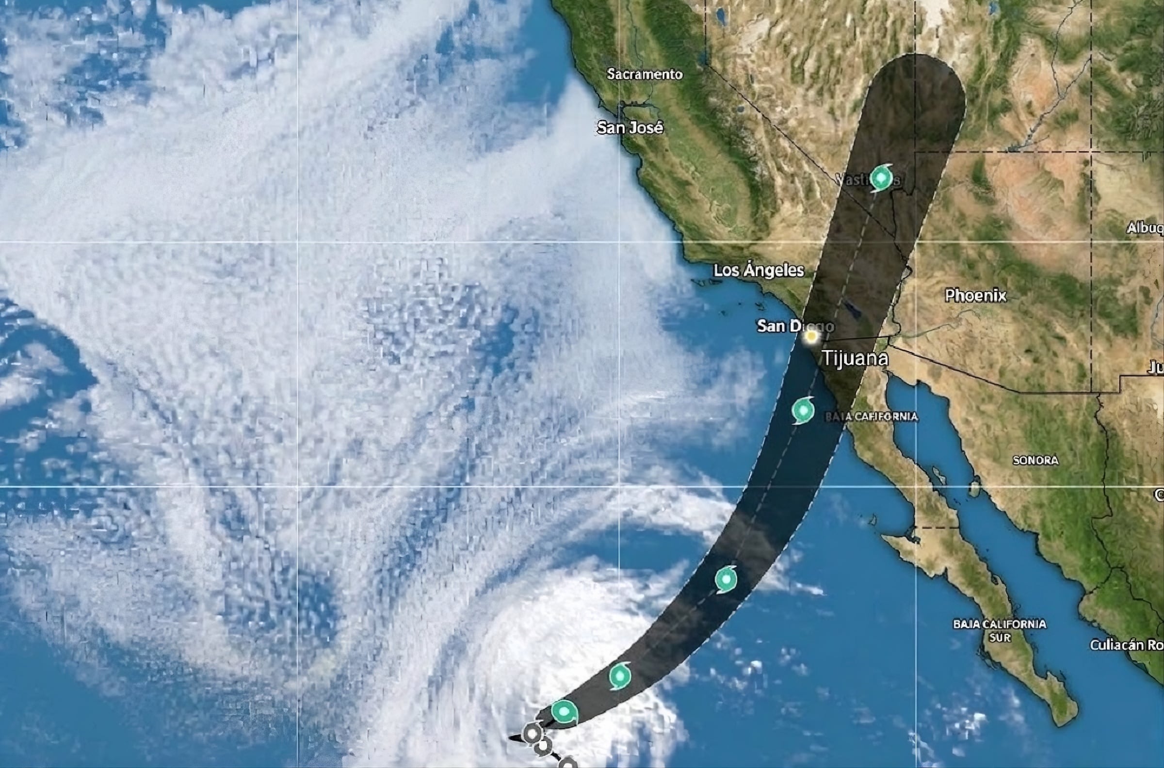 La tormenta tropical Rachel avanza hacia el noreste y podría provocar lluvias, fuertes vientos y oleaje elevado en Tijuana y Baja California durante el fin de semana. Foto: Captura
