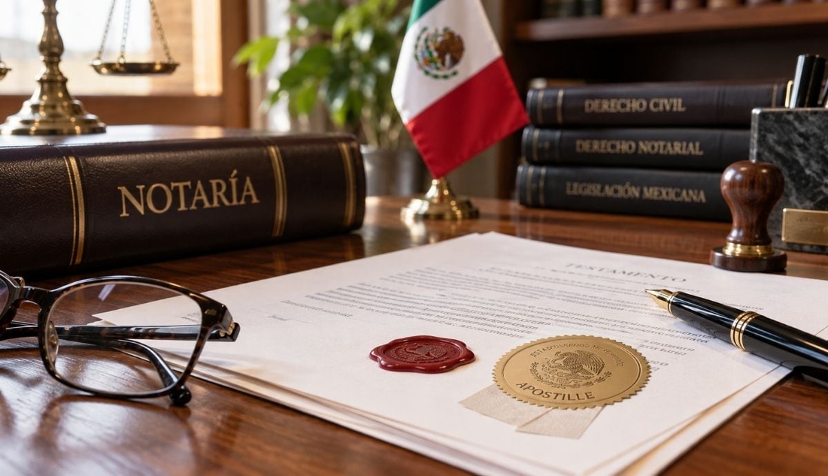 Los testamentos otorgados en EEUU requieren la certificación de apostille y la protocolización ante un notario público mexicano para que el beneficiario pueda disponer de la herencia en el país. | Imagen generada con IA