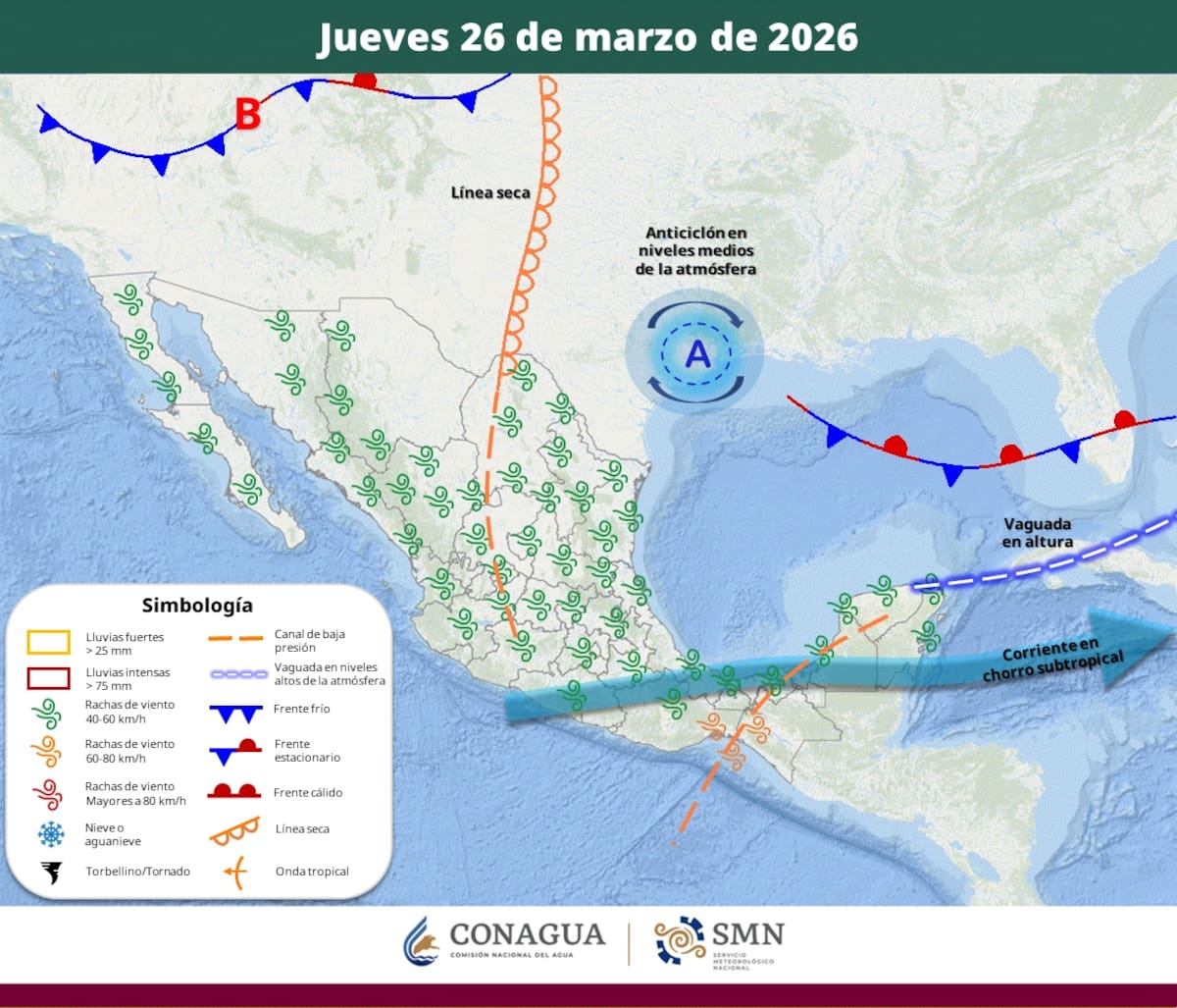 Pronóstico del clima para el jueves 26 de marzo del 2026. | Crédito: SMN