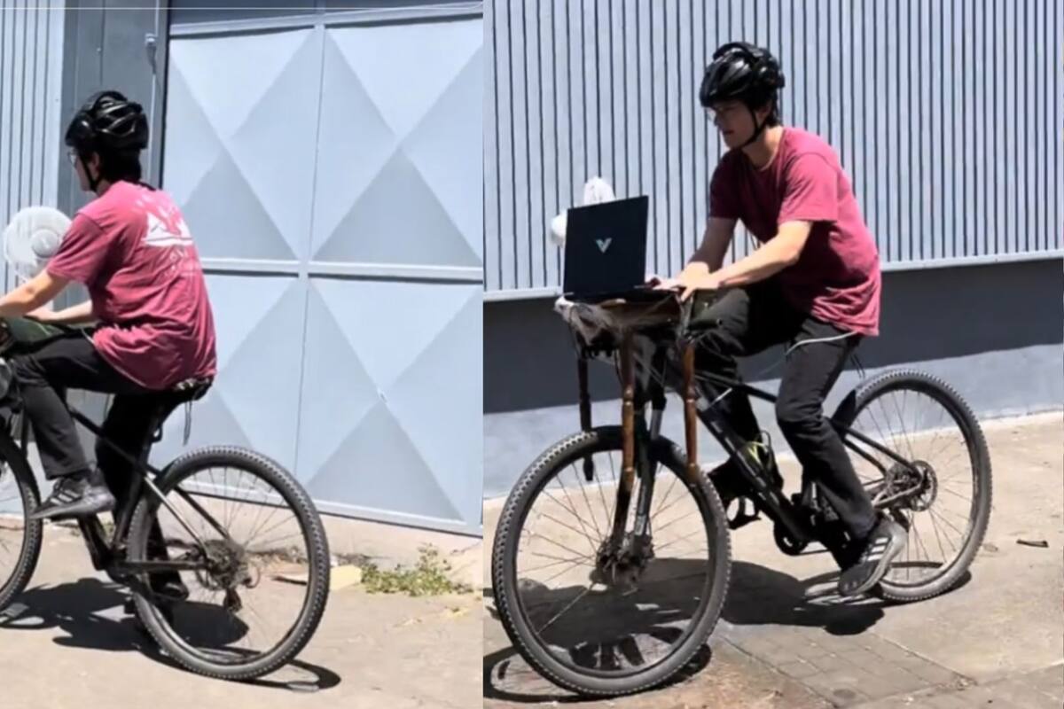 El multitask perfecto: hombre se viraliza por andar en bicicleta mientras trabaja en su laptop