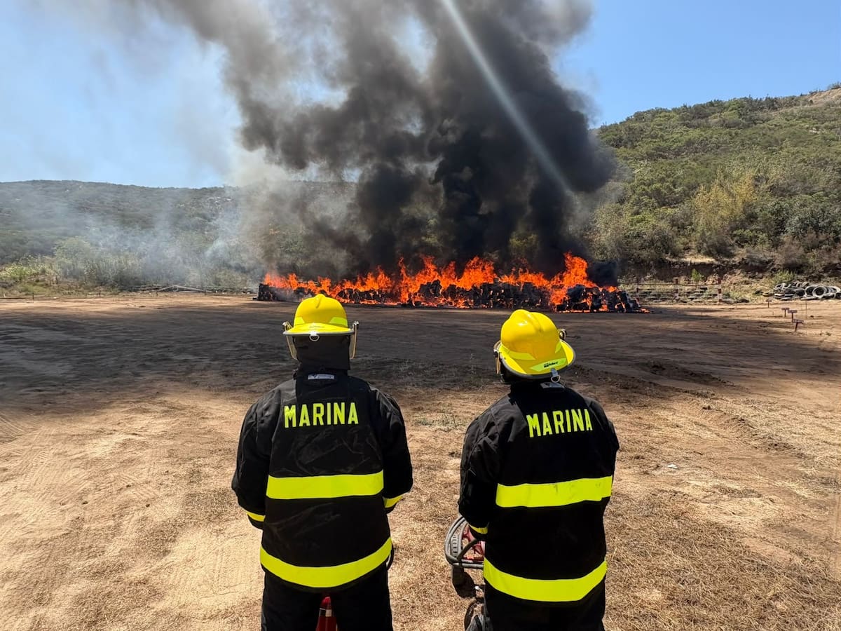 Autoridades federales destruyeron más de 12 toneladas de mariguana aseguradas en Ensenada durante un operativo coordinado por la Secretaría de Marina y la FGR como parte de las acciones contra el narcotráfico en Baja California. Foto: Cortesía