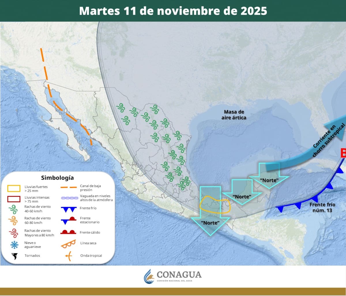 Pronóstico del clima para el martes 11 de noviembre del 2025. | Crédito: SMN