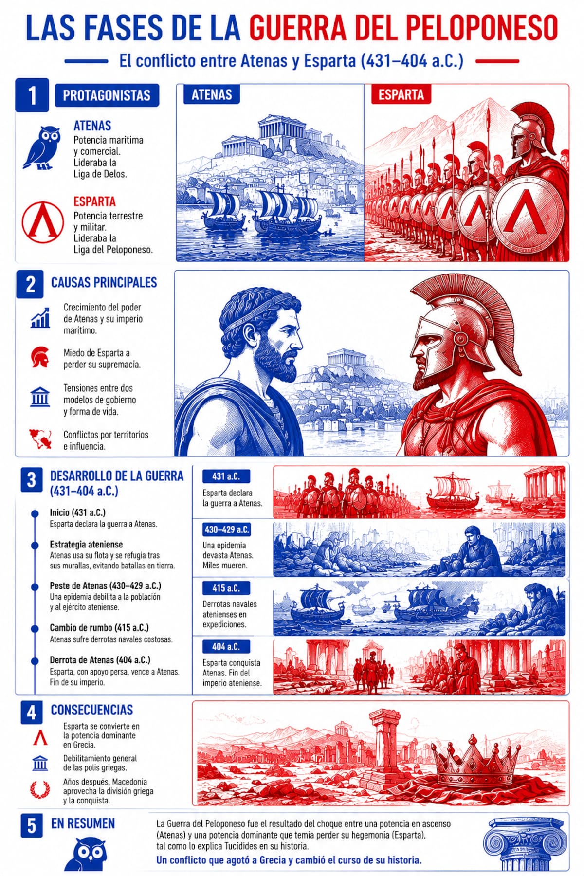 La Guerra del Peloponeso fue el resultado del choque entre una potencia en ascenso (Atenas) y una potencia dominante que temia perder su hegemonia (Esparta), tal como lo explica Tucidides en su historia. | Infografía ilustrativa: Especial GH.
