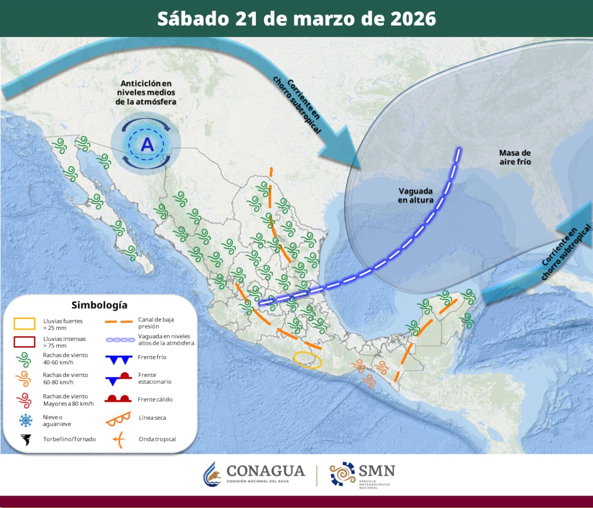Pronóstico del clima para el sábado 21 de marzo del 2026. | Crédito: SMN